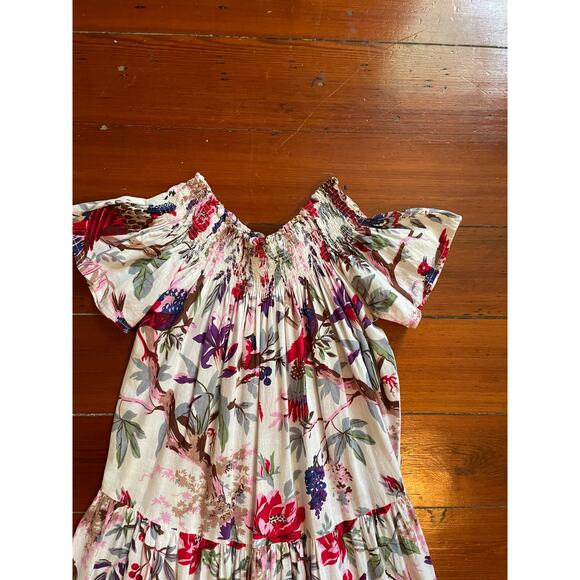 Guadalupe Women’s Maxi Dress Floral Bird Print Cotton Boho Peasant Off Shoulder - Picture 8 of 12